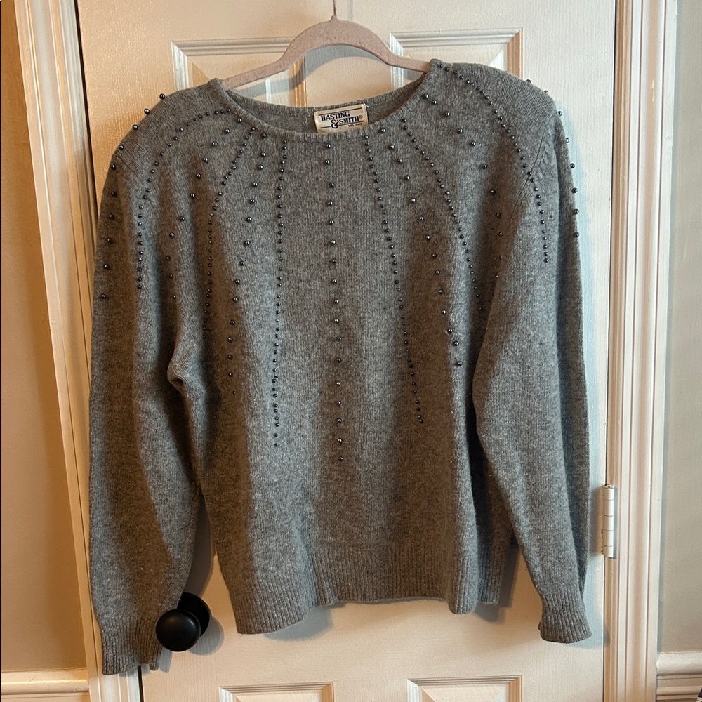 Vintage Lambs Wool Hasting & Smith Gray Beaded Knit Sweater